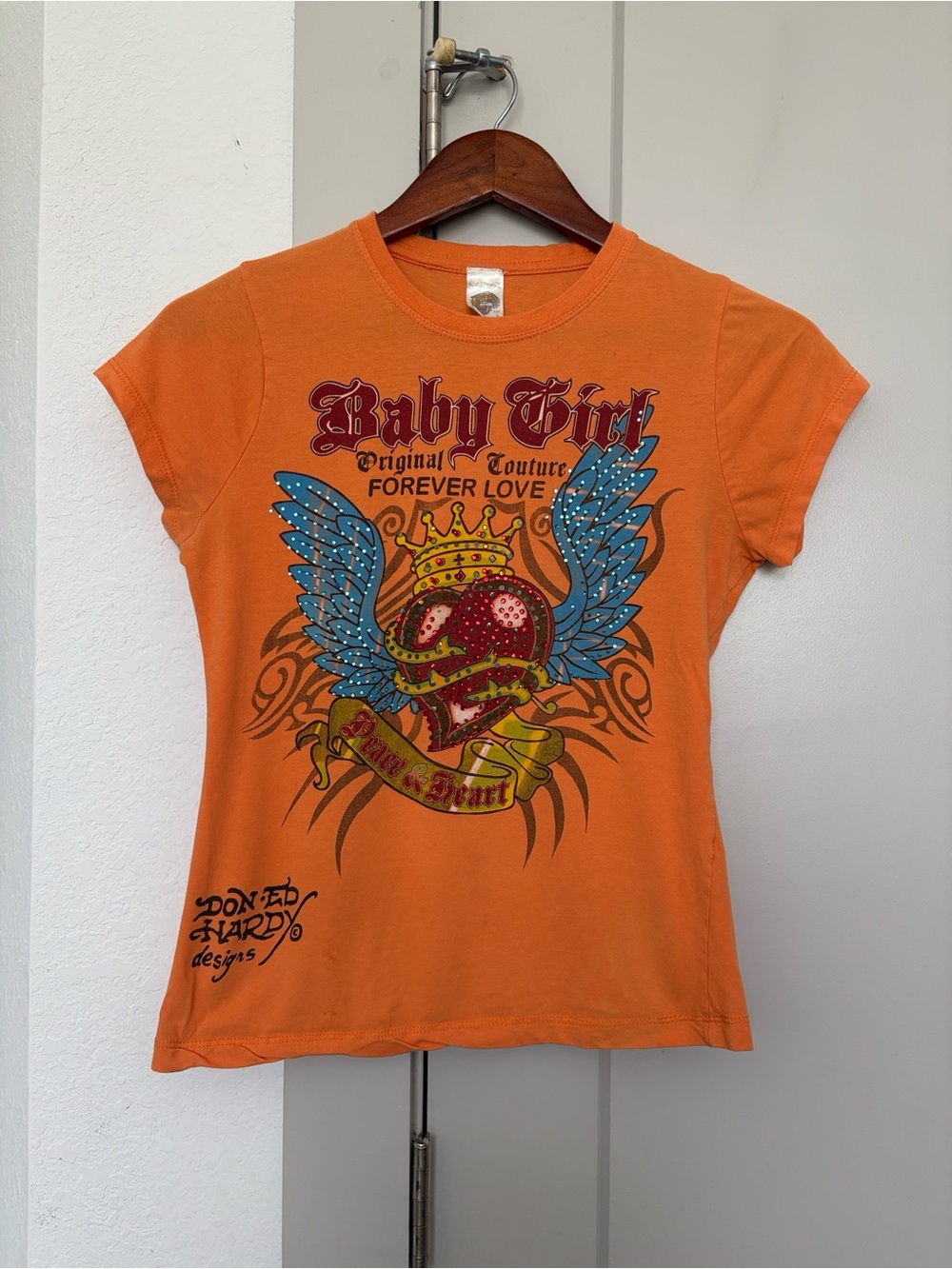 Y2K ED HARDY BABY GIRL ORANGE RHINESTONE GRAPHIC TSHIRT WOMENS LARGE